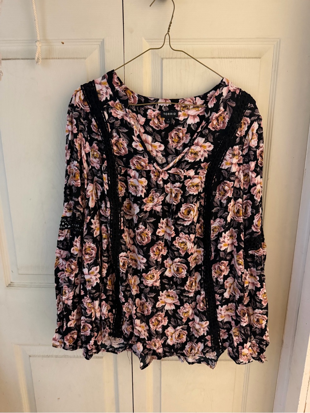 Torrid Black Floral Lace-Trim V-Neck Blouse with Pink Roses